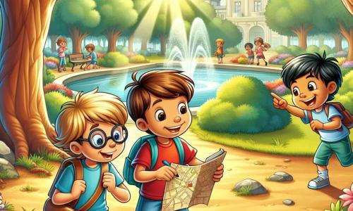 Drie jongens zijn samengekomen in het midden van een zonnig park. Tommy, een negenjarige jongen met bruin haar en een bril, draagt een rode t-shirt en een blauwe korte broek. Hij houdt een schatkaart in zijn handen en kijkt opgewonden. Aan zijn rechterkant kijkt Sam, een andere negenjarige jongen met blond haar en een grote bril, aandachtig naar het notitieboekje dat hij vasthoudt, klaar om aanwijzingen op te schrijven. Aan de linkerkant wijst Joris, een tienjarige jongen met zwart haar en een brede glimlach, naar een grote boom, waar ze denken een aanwijzing te hebben gevonden. Het park is levendig met kleurrijke bloemen en majestueuze bomen die schaduw bieden. Achterin schittert een klein water onder de zon, terwijl kinderen rond de fontein spelen. De situatie laat de drie vrienden zien die bezig zijn met hun zoektocht naar aanwijzingen om het mysterie van een mysterieuze kiste op te lossen. Ze zijn gefocust en vastberaden, klaar om de laatste aanwijzing te ontcijferen die hen naar de verborgen schat zal leiden.