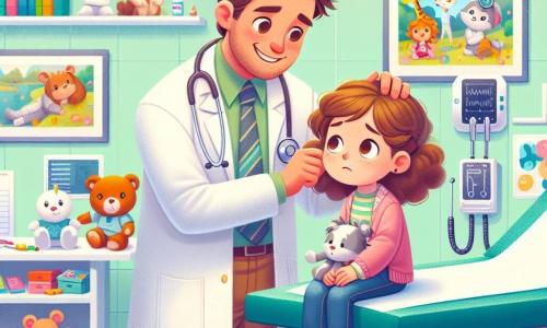 A smiling and kind male doctor, Dr. Ben, wearing a white coat and a stethoscope around his neck, is examining a small girl named Lily, who has curly hair and a worried expression. Lily, about 7 years old, is sitting on an examination table, holding a stuffed toy for comfort. Next to them is Lily's mother, a woman in her thirties with brown hair and a concerned look, observing the scene closely. The illustration takes place in a bright and colorful hospital examination room, decorated with animal posters and scattered toys on the shelves. The main situation shows Dr. Ben reassuring Lily while explaining what he will do to help her feel better.