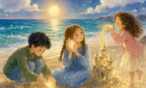Hay tres niños: Clara (~9 años), cabello castaño claro en dos trenzas, vestido azul claro con lunares blancos, sentada en el centro con mirada dulce, sostiene una concha luminosa junto al pecho; Mateo (~9 años), cabello corto y negro, jersey verde musgo y vaqueros claros, a la izquierda de Clara, agachado recogiendo arena-destello dorada con las manos; Lucía (~8 años), cabello castaño rizado, cárdigan rosa pálido y falda crema, a la derecha de Clara, de puntillas soplando sobre un pequeño castillo de polvo de estrellas. Lugar: playa nocturna mágica con arena que brilla como polvo de oro, olas translúcidas turquesa y plateadas, cielo estrellado y brisa que mueve granos de arena luminosa. Situación: los tres construyen un castillo de polvo de estrellas junto al agua, bañados por una luz cálida y tenue, ambiente tranquilo en tonos pastel y textura acuarela, luz suave de una gran estrella baja en el horizonte.