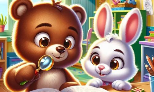 Un pequeño oso de peluche llamado Bruno, con un suave pelaje marrón y ojos brillantes, lleva una pequeña lupa y muestra una expresión decidida mientras examina un libro abierto en un escritorio. A su lado, una pequeña coneja llamada Lila, con pelaje blanco y grandes orejas, observa con curiosidad el libro, su rostro iluminado por la emoción de la aventura. El lugar es un aula colorida, con paredes pintadas de amarillo, estanterías llenas de libros y dibujos de niños colgados. Al fondo, una gran ventana deja entrar la luz del sol, iluminando la escena. La situación principal muestra a Bruno y Lila, en medio de su investigación, descubriendo pistas sobre la desaparición de los juguetes, rodeados de lápices, hojas de papel y juguetes esparcidos, listos para resolver el misterio juntos.