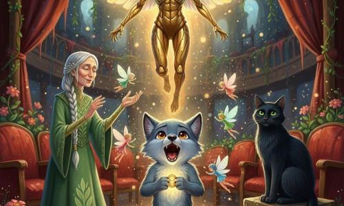 Ein kleiner anthropomorpher grau-blauer Wolf mit weichem Fell und bernsteinfarbenen Augen hält zwischen den Pfoten eine leuchtende goldene Amulett, singt mit offenem Maul und geschwellter Brust; über dem Boden schwebt die Shadowwache, groß und majestätisch, ihr Körper wirkt wie flüssiges goldenes Metall mit irisierenden, durchscheinenden Flügeln und warmem Halo; die weise Alte Elara, schlank, mit silbernen Zöpfen und grüner, mit Blättern bestickter Robe, steht links leicht zurückversetzt und hebt die Hände zum Segnen; mehrere kleine Papierfliegenfeen in Pastellfarben wirbeln lachend um Wolf und Amulett und werfen Lichtstreifen; rechts sitzt eine große schwarze Katze mit glänzendem Fell und grünen Augen auf einer alten Holztruhe und beobachtet ruhig; Schauplatz ein verlassenes Theater, das in einen geheimen Garten verwandelt wurde — abgenutzte rote Samtsessel, zerrissene Vorhänge, leuchtende Lianen und Blumen zwischen den Dielen, dunkle Backsteinwände im Mondlicht; Höhepunkt: der Gesang des Wolfs ruft die Shadowwache herbei und vertreibt die Schatten, goldenes Licht und funkelnde Partikel erfüllen die Szene, Atmosphäre zwischen urbanem Geheimnis und warmer Magie.