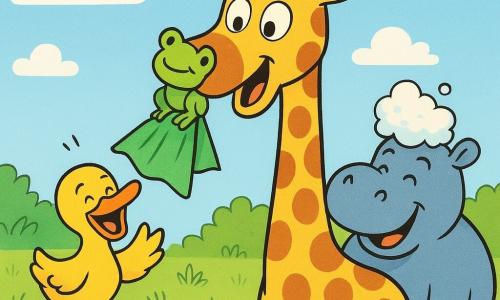A smiling, surprised giraffe with a long neck and soft spots has a wet nose with a small green towel stuck to it; a bright yellow duck at the water's edge to the giraffe's left holds a corner of the towel and laughs; a round, mischievous green frog perches on the towel like a boat; a friendly gray-blue hippo behind the giraffe blows a big soap bubble that forms a foamy hat; the scene is a small clear pond with pink water lilies, tender green grass, simple flowers and a soft blue sky with rounded clouds; the towel flies from the giraffe's nose like a flag with the frog 