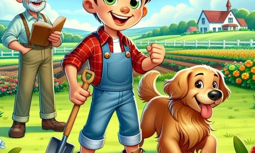 Een jonge man, Thomas, glimlachend en enthousiast, staat in het midden van een groen veld, gekleed in een roodgeruite shirt en een stoffen broek. Zijn bruine haar is licht in de war door de wind, en hij houdt een kleine houten schep vast, klaar om zaden in de vruchtbare aarde te planten. Naast hem rent zijn trouwe hond Max, een blije golden retriever, in het rond, met zijn tong uitgestoken en zijn ogen sprankelend van blijdschap. Verderop is meneer Van Dijk te zien, een man van ongeveer 60 jaar met ronde bril en een grijze baard, die Thomas met een welwillende glimlach observeert, terwijl hij een boek over planten in zijn handen houdt. De locatie is een pittoreske boerderij, omringd door groene heuvels, met kleurrijke bloemen langs het pad en een blauwe lucht bezaaid met donzige witte wolken. De scène straalt een vredige en blije sfeer uit, die het moment illustreert waarop Thomas begint met het zaaien van zijn zaden in de grond, vol hoop voor de komende oogst.