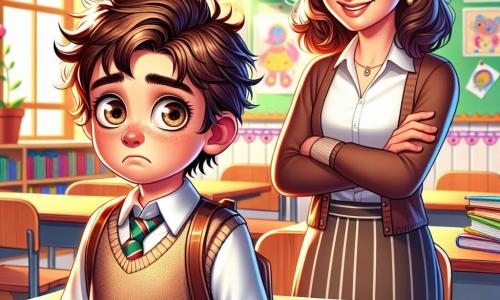Un ragazzo di 8 anni, Mattia, con i capelli castani in disordine e occhi brillanti, si trova al centro di un'aula luminosa. Sembra preoccupato, con una leggera smorfia sul viso e le mani nelle tasche dei pantaloni. Accanto a lui, l'insegnante Anna, una donna sorridente di circa trent'anni, con i capelli castani e occhiali rotondi, lo incoraggia con uno sguardo benevolo, piegandosi leggermente verso di lui. L'aula è decorata con disegni colorati appesi alle pareti, con banchi di legno e una grande finestra che lascia entrare la luce del sole. Libri e materiale scolastico sono sparsi sui tavoli. Mattia, dimenticandosi di fare i compiti, si prepara a confessare la sua bugia all'insegnante, con il cuore che batte forte. L'atmosfera è tesa ma piena di speranza mentre prende un respiro profondo per dire la verità.