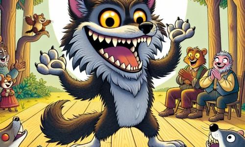 Al centro dell'immagine, un lupo mannaro di nome Lupoletto, allegro e birichino, è in piedi su un palco di legno, con un grande sorriso che mostra i suoi denti bianchi. Ha un pelo grigio e marrone, occhi scintillanti di malizia e indossa una piccola corona d'argento. Le sue zampe anteriori sono sollevate, come se stesse raccontando una barzelletta al pubblico. Alla sua destra, una zibellina di nome Occhialina, con grandi occhi rotondi e piume dai colori vivaci, applaude con entusiasmo, per metà appollaiata su un piccolo albero, pronta a volare di gioia. A sinistra, un gruppo di roditori, tra cui un coniglio di nome Corridore, un giovane con grandi orecchie, ride forte, seduto su una panchina di rami. Il contesto è una radura soleggiata nel Bosco di Rimbalzo, circondata da alberi maestosi e fiori colorati. Lupoletto racconta una barzelletta esilarante, suscitando risate tra gli spettatori e creando un'atmosfera di gioia e amicizia, che rappresenta lo spirito festoso del concorso di barzellette.