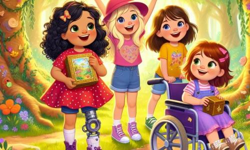 Quattro amiche, tutte di circa 8 anni, si trovano al centro di un radura incantata. Sofia, con i capelli neri e ricci, indossa un vestito rosso a pois bianchi e sorride felice mentre tiene una mappa magica. Alla sua destra, Emma, con gli occhi azzurri e i capelli biondi, indossa una maglietta gialla e un paio di pantaloni di jeans, sollevando le braccia in segno di entusiasmo. A sinistra c'è Giulia, con un cappello rosa e i capelli castani, che si accovaccia per esaminare una piccola scatola di legno che hanno appena disotterrato. Infine, Mia, la più coraggiosa, è seduta sulla sua sedia a rotelle, con un grande sorriso, indossando una maglietta viola e pantaloni comodi, osservando le sue amiche con ammirazione. Il contesto è una splendida radura, illuminata da una luce dorata e circondata da alberi maestosi con foglie verdi brillanti. I fiori colorati costellano il terreno e una grande luna di carta è appesa a un albero, aggiungendo un tocco magico all'ambiente. Le quattro amiche hanno appena scoperto un tesoro nascosto: una piccola scatola piena di materiali artistici, simbolo del loro spirito avventuroso e della loro creatività, pronte a celebrare la loro scoperta circondate dalla bellezza della natura.