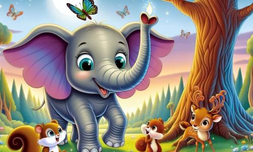 Un elefante llamado Paco, con grandes orejas coloridas como alas de mariposa y una trompa larga y alegre, se encuentra en el centro de la escena, mostrando una sonrisa maravillada y curiosa. A su lado, Lola la ardilla, con pelaje marrón y ojos chispeantes, trepa por una rama, mirando a Paco con entusiasmo, mientras que Tito el ciervo, con su pelaje dorado y grandes ojos suaves, se queda un poco atrás, listo para animarlo. El escenario es un hermoso claro del Bosque de los Susurros, donde los árboles cantan suavemente con el viento y las flores bailan bajo el sol, creando una atmósfera mágica y colorida. En el centro de este claro, un antiguo y majestuoso árbol, con hojas brillantes como espejos, irradia una aura de sabiduría y misterio. La situación principal muestra a Paco, Lola y Tito descubriendo la Llama de la Amistad, una luz cálida y centelleante que brilla en el corazón del claro, simbolizando la amistad y la magia del momento, mientras se mantienen juntos, listos para vivir una gran aventura.