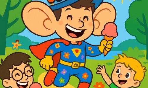 Un supereroe di nome Gigetto, con un grande sorriso, capelli arruffati e orecchie da elefante, salta felice in un parco soleggiato. Indossa un costume colorato con motivi floreali e un grande cappello decorato con fiori. Accanto a lui c'è un ragazzo di circa 8 anni, Pallino, con capelli castani e occhiali rotondi, che tiene un grosso cono gelato alla fragola ridendo. Un altro supereroe, Pinco, un ragazzo di 7 anni con capelli biondi e una maglietta verde, fa crescere fiori colorati intorno a Gigetto, aggiungendo magia alla scena. Il parco è pieno di alberi verdi, fiori multicolori e risate di bambini che giocano, con un lago scintillante sullo sfondo. Gigetto, con le sue grandi orecchie, salta felice tenendo un gelato, mentre Pallino e Pinco lo incoraggiano, creando un'atmosfera di festa e amicizia.