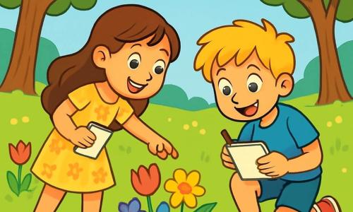 Ci sono 2 personaggi principali: Martina, una ragazza di 8 anni con lunghi capelli castani, che indossa un vestito giallo a fiori e sandali, entusiasta mentre indica un bel mazzo di fiori colorati; e Luca, un ragazzo di 8 anni con capelli biondi disordinati, vestito con una maglietta blu e pantaloni corti, accovacciato a osservare una coccinella su una foglia verde, con un grande sorriso. La scena si svolge in un parco verdeggiante, soleggiato, circondato da alberi maestosi e un vasto campo di fiori colorati: tulipani rossi, narcisi gialli e delicate violette. Un cielo azzurro con alcune nuvole bianche completa questo quadro primaverile. Martina e Luca, meravigliati dalla bellezza della natura, esplorano il parco, scoprendo insetti e fiori mentre prendono appunti nei loro piccoli quaderni, pieni di entusiasmo e curiosità.