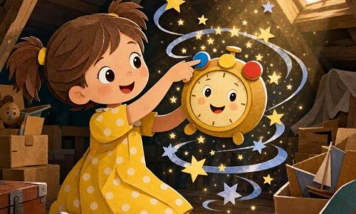 Una bambina di 4 anni, gioiosa e meravigliata, capelli castani a codini, occhi rotondi, vestito giallo a pois e calzini a righe, tiene un piccolo sveglio tondo e lucente; accanto a lei fluttua uno sveglio animato chiamato Tic, piccolo, con volto sorridente sul quadrante e tre bottoni colorati (blu, giallo, rosso) che emettono stelline luminose; nello sfondo un solaio con travi di legno invecchiato, scatole impilate, luce calda da una finestra sul tetto e polvere dorata; la scena cattura il momento in cui la bambina preme il bottone blu e le stelline si sollevano creando una spirale blu-argento intorno a loro; stile visivo netto a ritagli di carta, colori vivaci, texture da carta incollata, contrasti morbidi, atmosfera magica e sicura per bambini.