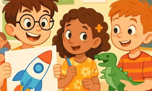 An 8-year-old boy, Max, with messy brown hair and round glasses, is joyfully smiling while holding a large colorful rocket drawing. His eyes sparkle with excitement, and he is wearing an orange t-shirt with a planet design. Next to him, an 8-year-old girl, Zoe, with curly hair and a flower dress, admires his drawing while holding a pencil in one hand. An 8-year-old boy, Ben, with freckles and a striped t-shirt, approaches with a paper dinosaur model, ready to share his project. The scene takes place in a bright classroom, decorated with children's drawings, colorful wooden tables, and windows letting in sunlight. School supplies are scattered on the tables, and a blackboard is filled with drawings and exercises. Max, Zoe, and Ben are working together on their school projects, surrounded by classmates who are drawing and laughing. The atmosphere is joyful and creative, filled with bright colors and smiles, illustrating the spirit of friendship and collaboration.