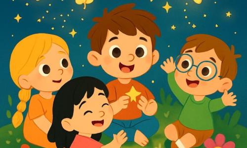 Há 4 crianças: - Miguel: um menino de 6 anos, com cabelos castanhos bagunçados e olhos brilhantes. Ele está sentado no centro, segurando uma pequena estrela brilhante entre os dedos. - Sofia: uma menina de 5 anos, com longos cabelos loiros trançados e um sorriso doce. Ela está à esquerda de Miguel, olhando para as estrelas com admiração. - Lucas: um menino de 6 anos, com óculos redondos e cabelos castanhos. Ele está à direita de Miguel, levantando os braços para tentar tocar a luz mágica que flutua ao redor deles. - Ana: uma menina de 5 anos, com cabelos negros e olhos curiosos. Ela está sentada perto de Sofia, segurando sua mão e rindo alegremente enquanto observa as borboletas de luz. O local é um jardim encantado, banhado em uma luz suave e dourada. Pedras brilhantes formam um círculo ao redor das crianças, e flores coloridas com pétalas cintilantes cercam o jardim. Borboletas de luz dançam no ar, criando padrões luminosos que se misturam com as estrelas cintilantes do céu noturno. A cena principal mostra as crianças sentadas em círculo, maravilhadas com a magia que as cerca. Elas riem e se encantam com as borboletas de luz que voam ao redor delas, criando uma atmosfera pacífica e alegre, perfeita para sonhos.