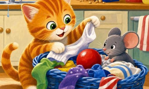 Een onderzoekend kitten Puk, oranje-witte tijgerkat met ronde groene ogen en een nieuwsgierige blije uitdrukking, tilt met een poot een witte sok op; een grijs muisje Rits met grote ronde oren, verlegen maar blij, nestelt zich naast een glanzende rode bal en kijkt naar Puk; een blauw gevlochten wasmand op een licht houten vloer gevuld met gekreukte gekleurde sokken en een gestreepte handdoek; op de achtergrond een lichte keuken met een gootsteen met waterdruppels en een open koekjessblik met kruimels op het aanrecht; situatie: zachte, speelse ontdekking—de rode bal verschijnt tussen de sokken, Puk en Rits kijken naar elkaar in een warme, veilige sfeer.
