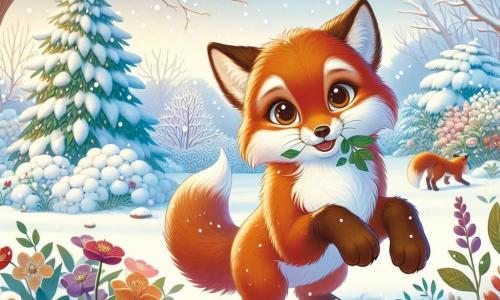 Um jovem raposo ruivo chamado Rafi, com pelagem brilhante e olhos cintilantes de alegria, salta em um jardim coberto de neve, cercado por flocos de neve que caem suavemente. Ele sorri amplamente, suas pequenas patas afundando na neve fresca. Perto dele, sua mamãe, uma bela raposa de pelagem sedosa, o observa com orgulho, segurando folhas em suas patas dianteiras para cobrir as flores. Ela tem um olhar doce e amoroso, perto de um arbusto coberto de neve. O jardim é uma paisagem invernal encantadora, com árvores cujos galhos estão carregados de neve, flores coloridas mal visíveis sob a cobertura branca, e um céu azul claro salpicado de nuvens fofas. Rafi, todo animado, ajuda sua mamãe a preparar o jardim para o inverno, colocando folhas nas plantas para protegê-las do frio, criando uma cena calorosa e alegre no meio do inverno.
