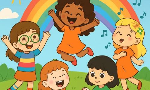 There are 5 characters: - Lucy: a 7-year-old girl with brown hair and round glasses, wearing mismatched socks and a colorful t-shirt. She stands on the left, arms raised in joy. - Emma: a 7-year-old girl with long curly hair and an orange dress. She is in the center, jumping with a big smile on her face. - Mia: a 6-year-old girl with blonde hair and a small flower crown. She is on the right, singing with one hand on her heart, surrounded by musical notes. - Zoey: a 7-year-old girl with black hair and bangs, wearing a green t-shirt. She is crouching, holding an open book, eyes wide with curiosity. - Lily: a 6-year-old girl, the smallest, with red hair and freckles, laughing heartily. She is sitting on the grass, surrounded by colorful flowers. The setting is a sunny park with a lush green lawn dotted with vibrant flowers. In the background, a clear blue sky is decorated with a few fluffy white clouds, and a large shimmering rainbow stretches majestically above the children, creating a magical and joyful atmosphere. The main scene shows the children joyfully sliding down a rainbow, their faces radiating happiness as they laugh and have fun together, creating unforgettable memories in their colorful adventure.