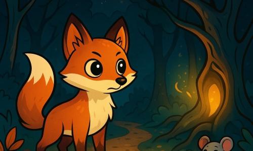 A fox with copper and golden fur, large bright eyes filled with curiosity, and a determined expression stands in the center of a forest path. It attentively gazes at a mysterious glow emanating from a twisted tree, its ears perked up and bushy tail flowing behind. Next to it, a small gray mouse with big round eyes, trembling slightly with fear, observes the scene from behind a root. The setting is a dense forest with gnarled trees rising towards a starry sky, and shadows dancing on the ground covered with golden leaves. The main scene shows the fox ready to venture towards the light, while the wind rustles the leaves, creating an atmosphere that is both intriguing and slightly eerie.