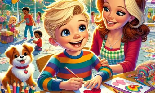 Un niño de 6 años, Lucas, con cabello rubio rizado y una gran sonrisa, está sentado en una mesa colorida, rodeado de papeles de diferentes colores y lápices. Está dibujando tarjetas de San Valentín, sus ojos brillan de emoción y alegría. A su lado, su mamá, una mujer sonriente de unos treinta años con cabello castaño y un delantal colorido, lo anima con ternura, observando su trabajo con orgullo. En el fondo, un pequeño perro peludo con un collar rojo, Toby, está cerca de un árbol, mirando a Lucas con ojos brillantes. La escena se desarrolla en una hermosa plaza soleada, decorada con globos de colores y guirnaldas, donde niños juegan y ríen alegremente. Lucas crea tarjetas brillantes, listo para regalarlas a sus amigos, mientras descubre la magia de la amistad y el amor a través de sus gestos.