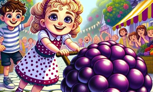 An 8-year-old girl with curly pigtails and sparkling determined eyes is pushing a huge purple grape, almost as big as she is, along a cobblestone road. She wears a colorful polka dot dress and a big smile, showing her enthusiasm for this impossible challenge. Next to her, her friend Max, a 9-year-old boy with messy brown hair and a striped t-shirt, encourages her with a big smile and arms raised in support, standing slightly back, ready to help if the grape slips. In the background, the bustling Jellyville square is decorated with colorful banners and filled with curious spectators, all watching excitedly. Families are near fruit stands, and children are laughing and cheering. The scene captures the girl in action, pushing the grape that rolls unpredictably, surrounded by vibrant flowers and blooming trees, creating a joyful and festive atmosphere.