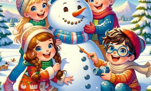 In einer fröhlichen Szene stehen vier Kinder in einer winterlichen Landschaft. Max, ein 8-jähriger Junge mit zerzausten braunen Haaren und einem breiten Lächeln, ist in der Mitte und rollt eine riesige Schneekugel. Links von ihm lacht Mia, ein 7-jähriges Mädchen mit langen, geflochtenen blonden Haaren und roten Wangen, während sie eine Karotte für die Nase des Schneemanns hält. Rechts steht Ben, ein 9-jähriger Junge mit Brille und braunen Haaren, der einen alten Hut auf den Schneemann setzt. Schließlich bereitet sich Lea, ein 8-jähriges Mädchen mit lockigem Haar und rotem Mütze, darauf vor, mit einer bunten Kamera ein Foto zu machen und diesen magischen Moment festzuhalten. Der Ort ist eine weite, verschneite Ebene, umgeben von majestätischen, schneebedeckten Tannen. Der Himmel ist strahlend blau mit ein paar flauschigen Wolken, und die Sonne scheint und taucht die Szene in goldenes Licht. Die Hauptsituation zeigt die Kinder, die einen großen Schneemann bauen, mit Lachen und strahlenden Gesichtern, während sie bunte Accessoires hinzufügen, um ihn lebendig und lustig zu machen.