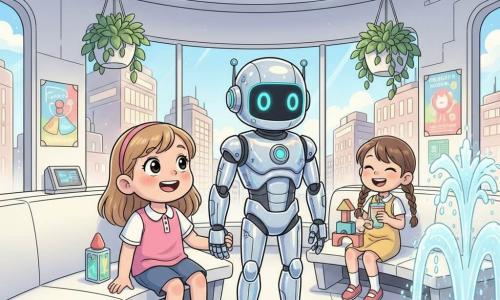 A relieved smiling 4-year-old girl with a round face, big bright eyes and rosy cheeks sits on a curved white bench holding the hand of Blink, a non-human secondary character robot with a smooth chrome body, neon blue accents, ring-shaped glowing eyes and a protective posture; nearby a 5-year-old boy with short brown hair plays with colorful blocks, laughing and focused, while another 4-year-old girl with braids in a yellow dress laughs and sips a cold drink near an indoor fountain. They are inside a cool, rounded shelter in a futuristic city: curved white walls, large windows showing skyscrapers with solar panels, soft blue light and hanging potted green plants. Graphic elements include curved white benches, a fountain with illuminated jets, colorful holographic posters, metallic reflections and sparkling water droplets. The main situation shows the girl and Blink just entering the shelter, relieved and happy, with warm exterior light visible through a window contrasting the calm cool interior. Visual style: clean expressive manga lines, predominantly pastel colors with neon accents, smooth glossy textures and friendly exaggerated expressions.