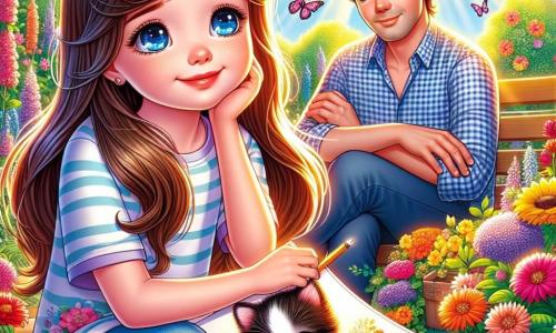 Uma menina de 6 anos, Sofia, está em um jardim ensolarado, cercada por flores coloridas. Ela tem longos cabelos castanhos, olhos brilhantes e um sorriso suave, mas há uma sombra de tristeza em seu olhar. Ela segura um desenho de um gatinho e olha para o céu pensativa. Ao seu lado, seu pai, um homem na casa dos trinta anos, tem um rosto acolhedor. Ele está sentado em uma cadeira de jardim, vestindo uma camisa xadrez e calças jeans, olhando para Sofia com ternura, pronto para consolá-la. O jardim está cheio de flores vibrantes, borboletas e uma grande árvore que oferece sombra. O sol brilha, criando uma atmosfera tranquila. Sofia se lembra de seu amigo Léo, o gatinho que perdeu, e contempla o desenho que fez para ele, relembrando os momentos felizes que passaram juntos.
