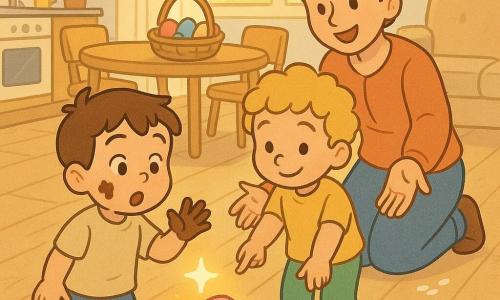 Há 3 personagens: um menino de 4 anos, cabelos castanhos curtos, manchas de chocolate na bochecha, à esquerda, segurando um pedacinho de chocolate e olhando com maravilha para um grande ovo rosa; outro menino de 4 anos, cabelos loiros e encaracolados, sorriso tímido, à direita, segurando a mão do primeiro e apontando pequenas pegadas brancas no chão; uma mulher adulta (mãe), cerca de 30 anos, cabelos castanho-escuros presos num coque suave, ajoelhada atrás deles, estendendo os braços para receber chocolate e sorrindo calorosamente. Local: interior de uma sala-cozinha iluminada pela manhã, chão de madeira clara com tapete colorido, cortinas leves deixando entrar raios dourados, ao fundo uma mesa com uma cesta de ovos pintados e um sofá bege. Situação: os dois meninos seguem pegadas brancas até um grande ovo rosa com bolinhas verdes sobre o tapete; o ovo emite uma luz suave e uma estrela brilhante flutua acima; atmosfera alegre e acolhedora, cores pastel, traços arredondados e formas simples, sombras leves e texturas suaves.