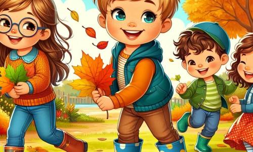 In an autumn park, four children are joyfully playing. Mia, an 8-year-old girl with brown hair and glasses, is collecting colorful leaves. She wears an orange sweater and jeans. Liam, a 7-year-old boy with blonde hair and sparkling eyes, stands next to her holding a large yellow leaf. He is wearing a blue jacket and a beanie. Zoe, a 6-year-old girl with curly hair and a bright smile, is jumping into a big pile of leaves. She is dressed in a red polka dot dress and rubber boots. Jack, a 7-year-old boy with brown hair and a green t-shirt, stands a bit back, laughing and watching his friends. The park is filled with majestic trees with orange, yellow, and red leaves, and the ground is covered in fallen leaves. The sky is bright blue, and the sun shines gently. The children are having fun jumping into the leaves, creating a swirl of vibrant colors around them while birds sing in the trees.