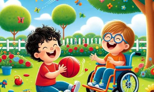 In a sunny garden, two friends are playing together. Sam, a 6-year-old boy with curly hair and a big smile, is sitting on the green grass, holding a red balloon. Max, a 7-year-old boy with glasses and a colorful wheelchair, is next to Sam, laughing joyfully. The garden is filled with colorful flowers, including red roses and yellow sunflowers, with butterflies flying around. A large shady tree stands in the background, and the sky is bright blue with fluffy white clouds. The two friends are having fun throwing the balloon, and Max has just thrown it very far, laughing broadly. Sam is getting ready to run after the balloon, arms open, ready to catch it. The atmosphere is joyful and full of camaraderie.