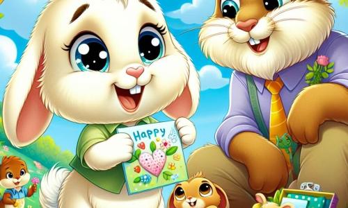 A young rabbit named Benny, with soft, fluffy cream-colored fur, large floppy ears, and sparkling joyful eyes, is holding a colorful card in his little paws, a wide smile lighting up his face. Next to him is his dad, Mr. Thumper, a big brown rabbit with bushy whiskers, looking at his son with pride and tenderness, his eyes shining with emotion as he prepares to receive the gift. In the background, a group of animal friends, including a red-furred squirrel and a wise turtle with a green shell, are busy preparing a picnic, their faces beaming with happiness and excitement. The scene takes place in a sunny meadow dotted with colorful flowers, under a clear blue sky and fluffy clouds, where a large shady tree provides a cool spot for the picnic. Benny, with his heart overflowing with love, enthusiastically reveals his surprise for Father's Day, surrounded by his friends, creating a joyful and festive atmosphere.