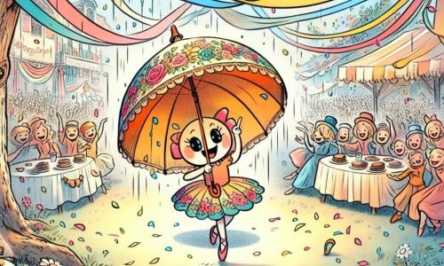 An illustration depicts a cheerful little umbrella with a smiling face and bright colors, dancing on its tips in a festive atmosphere, its eyes sparkling with excitement. Next to it is a small dancing shoe with twinkling eyes and a radiant smile, tapping its feet in rhythm, adding joy to the scene. In the background, a mother umbrella with floral patterns and a touched expression is surrounded by her smiling friends, all applauding, creating a warm and joyful atmosphere. The main setting is the village square, decorated with colorful ribbons fluttering in the wind, featuring a large old oak tree at the center, its leaves rustling gently, and tables laden with fluffy pancakes and vibrant flowers. The main scene shows the little umbrella and its dancing shoe friend singing and dancing to celebrate Mother's Day, surrounded by laughter and applause, creating a magical and joyful moment. Other graphic elements include floating balloons, flower garlands, and rays of sunshine filtering through the tree branches, adding a touch of light and happiness to this festive scene.