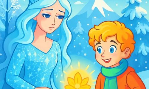 Die Schneekönigin, eine Frau von ätherischer Schönheit, trägt ein funkelndes Kleid aus Eiskristallen, die das Licht wie Diamanten reflektieren. Ihr Gesicht ist sanft, aber von Melancholie geprägt, ihre tiefblauen Augen strahlen geheimnisvoll, während sie im Zentrum einer verschneiten Landschaft steht. An ihrer Seite steht Elian, ein etwa 10-jähriger Junge mit lockigem, goldenem Haar, der einen bunten Mantel trägt, der im Kontrast zum strahlenden Weiß des Schnees steht. Er schaut die Königin bewundernd an, ein warmes Lächeln erhellt sein Gesicht. Die Kulisse ist ein weites Reich aus Eis, mit Bäumen, die mit schimmerndem Reif bedeckt sind, und Schneeflocken, die sanft vom Himmel fallen. In der Ferne erheben sich majestätische Berge, deren Gipfel im Wintersonnenschein funkeln. Die Szene zeigt die Schneekönigin und Elian, die gemeinsam eine wunderschöne magische Blume entdecken, die in goldenem Licht strahlt und Hoffnung sowie Wärme in dieser gefrorenen Welt symbolisiert.