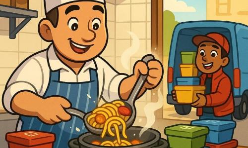 Un chef sonriente y concentrado con toca blanca alta y delantal azul a rayas vierte con una gran cuchara pastas amarillas en una olla humeante; a la derecha, un repartidor de unos 30 años (Samuel) de rostro redondo y pelo corto carga cajas coloridas en una pequeña furgoneta; en primer plano hay cajas de comida apiladas rojas, verdes y azules con etiquetas, la cocina es una dark kitchen luminosa y sencilla con paredes azulejadas blancas, una gran mesa de madera, estanterías metálicas con sacos de arroz vacíos y tarros de especias y una ventana que muestra la furgoneta; el chef improvisa dos raciones por falta de arroz, gesto dinámico, vapor y reflejos en la cuchara y en verduras (tomates y zanahorias); colores vivos, contornos negros algo gruesos, estilo infantil y composición centrada en el chef.