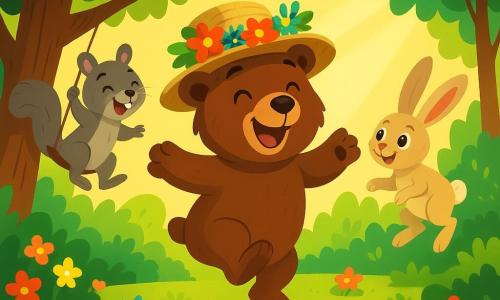 Un oso llamado Pancho, con pelaje marrón y ojos chispeantes, está de pie sobre una piedra pequeña, sonriendo. Lleva un sombrero de paja adornado con flores coloridas y trata de saltar como una ardilla, aunque se ve un poco torpe. A su lado, una ardilla llamada Rita, con pelaje gris y ojos vivos, se balancea en una rama riendo al verlo. Más lejos, una liebre llamada Lupo, con orejas grandes y pelaje beige, está lista para saltar imitando a Pancho. La escena tiene lugar en el Bosque Saltarín, un lugar encantado lleno de árboles verdes, flores brillantes y rayos de sol filtrándose a través de las hojas. En el suelo, bayas coloridas añaden magia al entorno. En esta situación, Pancho intenta saltar como una ardilla, pero termina cayendo en un arbusto de bayas, provocando risas entre sus amigos.