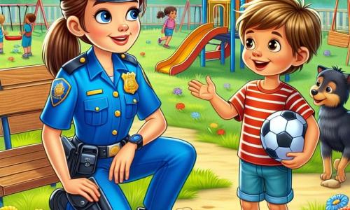 Una policía sonriente, Ana, está en el centro de la imagen. Tiene el cabello castaño recogido en una coleta, lleva un uniforme azul con una placa brillante y zapatos negros. Su rostro expresa amabilidad y determinación mientras se inclina para hablar con un niño. Al lado de ella, Pablo, un niño de 8 años con el cabello rubio despeinado y una camiseta roja, sostiene un balón de fútbol bajo el brazo. Tiene una gran sonrisa en el rostro, mostrando su alegría por haber encontrado su balón. La escena se desarrolla en un parque soleado, con árboles verdes, bancos de madera y juegos infantiles al fondo. Flores coloridas añaden un toque de alegría al entorno. La situación principal muestra a Ana y Pablo buscando el balón perdido en los arbustos, con un perro curioso que los observa, listo para ayudar en su búsqueda.