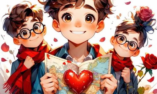 Un niño de 10 años, Lucas, con el cabello castaño desordenado y ojos llenos de curiosidad, se encuentra en el centro de la imagen, sosteniendo un mapa decorado con corazones. Su rostro expresa alegría y emoción mientras sonríe ampliamente, rodeado de pétalos de rosa. A su lado, su mejor amigo, Nico, también de 10 años, con cabello rizado y gafas redondas, observa el mapa con asombro. Lleva una camiseta amarilla brillante y un pantalón corto azul, y parece listo para saltar de alegría, con los brazos en alto. Al fondo, Clara, una niña de 10 años con largas trenzas rubias y un vestido rosa, está cerca de un árbol, sonriendo con complicidad. Ella sostiene un pequeño cofre decorado con corazones, lista para revelar el tesoro de su aventura. El lugar es un jardín encantador, lleno de rosas coloridas y un pequeño puente de madera que cruza un estanque brillante. Mariposas vuelan alrededor, añadiendo un toque de magia a la escena. La situación principal muestra a Lucas y sus amigos descubriendo un mapa misterioso, rodeados de flores y risas, listos para buscar un tesoro de San Valentín, simbolizando la amistad y la aventura.