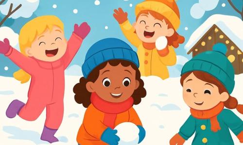 Es gibt vier Kinder: Emma, ein 6-jähriges Mädchen mit braunen, lockigen Haaren, trägt einen großen roten Schal und eine blaue Mütze. Sie steht in der Mitte, lächelt und macht einen Schneeball. Lea, ein 5-jähriges Mädchen mit blonden, glatten Haaren, trägt einen rosa Overall und lila Handschuhe. Sie ist links und springt in den Schnee mit erhobenen Armen. Mia, ein 6-jähriges Mädchen mit kastanienbraunen Haaren und einem Zopf, trägt einen grünen Mantel und schwarze Stiefel. Sie steht rechts und macht mit ihren Füßen Formen im Schnee. Sophie, ein 5-jähriges Mädchen mit roten Haaren und Sommersprossen, trägt einen gelben Mantel und eine Bommelmütze. Sie steht hinter Emma, lacht und wirft einen kleinen Schneeball. Der Ort ist ein verschneiter Garten mit schneebedeckten Bäumen, sanft fallenden Schneeflocken vom hellblauen Himmel und einem kleinen Holzhaus im Hintergrund, das mit Lichtern geschmückt ist. Die Hauptsituation zeigt die vier Freundinnen, die zusammen spielen, lachen und Schneebälle machen, was eine fröhliche und festliche Winteratmosphäre schafft.