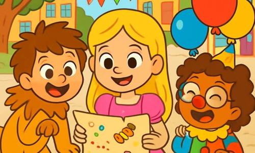 Er zijn 3 personages: - Lotte: een 6-jarig meisje met lang blond haar en sprankelende ogen. Ze draagt een prachtige roze prinsessenjurk met glitters die in de zon schitteren. Ze staat in het midden, glimlachend en enthousiast. - Sam: een 7-jarig jongetje met messy bruin haar en een grote glimlach. Hij is verkleed als leeuw met een gouden kostuum en een grote pluche manen. Hij staat links van Lotte, klaar om energiek te springen. - Noor: een 5-jarig meisje met krullend haar en ronde bril. Ze is gekleed als een kleurrijke clown met een rode neus en ballonnen in haar handen. Ze staat rechts van Lotte, lachend en vrolijk dansend. De locatie is een charmant dorpje versierd voor het carnaval, met geplaveide straten en huizen met kleurrijke gevels. Multikleurige slingers hangen tussen de bomen, en kinderen lachen en spelen rond een grote fontein in het midden van het plein. De hoofdscene toont de drie vrienden die een mysterieuze schatkaart ontdekken, met tekeningen van confetti en snoepjes. Ze kijken elkaar met grote ogen aan, ongeduldig om op avontuur te gaan om de beroemde schat te vinden.