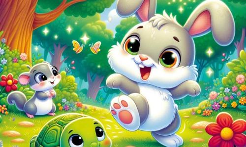 Ein kleiner Hase mit großen Ohren, einem weichen und glänzenden Fell, hüpft fröhlich in einer sonnigen Lichtung, sein Gesicht strahlt vor Aufregung und Entschlossenheit. Neben ihm beobachtet eine grüne, glänzende Schildkröte mit nachdenklichem Blick den Hasen mit einer Mischung aus Bewunderung und Besorgnis, während eine kleine Maus mit funkelnden Augen und grauem Fell, die eine bunte Blume in ihren Pfoten hält, lächelt und bereit ist, ihren Freund zu ermutigen. Die Lichtung ist von majestätischen Bäumen mit strahlenden Blättern umgeben, und bunte Blumen tanzen im Wind, was eine fröhliche und magische Atmosphäre schafft. Im Zentrum dieser Szene versuchen der Hase und seine Freunde, ein großes Schloss aus Moos und Zweigen zu bauen, ihre Gesichter zeigen sowohl Konzentration als auch Spaß angesichts dieser scheinbar unmöglichen Herausforderung.