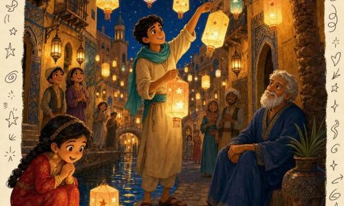 Karim, giovane dal volto sorridente e sguardo deciso, in tunica sabbia e foulard turchese tiene una piccola lanterna di carta luminosa mentre appende altre lanterne che brillano come stelle; a destra un anziano saggio barbuto in veste blu scuro sorride seduto all'ombra di una grande palma, in primo piano a sinistra una bambina di circa 7 anni con capelli intrecciati e vestito rosso con motivi dorati ammira una lanterna galleggiante; la scena si svolge di notte in una ruella lastricata di un'antica città delle Mille e una Notte con muri ocra e azulejos, lanterne sospese ai balconi e canali stretti che riflettono luci calde dorate e riflessi arancioni sotto un cielo stellato indaco, atmosfera calda e magica, luce soffusa, carta stropicciata e colori caldi con contrasti ricchi.