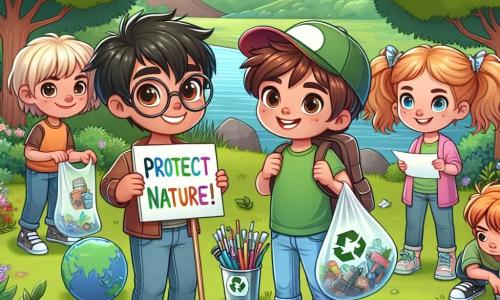 Într-un parc verde, cinci copii sunt adunați pentru o zi de activități ecologice. Andrei, un băiat de 11 ani cu părul brun și un zâmbet strălucitor, se află în centru, ținând un panou colorat cu inscripția 