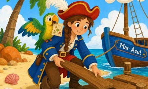Joven pirata sonriente y decidida, cabello castaño trenzado, gran sombrero rojo con pluma, chaqueta azul y botas de cuero, coloca tablones para reparar un puente roto; un loro verde y amarillo posado en su hombro, con alas entreabiertas y una pequeña carta en el pico; escenario: isla arenosa con una palmera inclinada, rocas redondeadas anaranjadas, conchas visibles y un barco de madera azul llamado Mar Azul amarrado en la orilla; la escena muestra a la pirata y al loro construyendo juntos un puente de madera bajo un cielo soleado con algunas nubes.