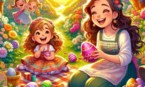 Lella, una bambina gioiosa con lunghi capelli ricci e un vestito colorato, sorride ampiamente tenendo un grande uovo di Pasqua decorato tra le mani, circondata da fiori brillanti e palloncini colorati. Accanto a lei, sua mamma, una donna calorosa con capelli castani e un grembiule, ride mentre dipinge un uovo di rosa acceso, seduta su una coperta a quadretti. Il giardino è pieno di verde lussureggiante, fiori multicolori e uova di Pasqua nascoste nell'erba, sotto i cespugli e tra i fiori. La scena è illuminata dalla luce dorata del sole al tramonto, creando un'atmosfera magica e festosa. Lella e sua mamma stanno preparando una grande caccia alle uova di Pasqua, circondate dalle risate dei bambini che corrono gioiosamente alla ricerca delle uova colorate nascoste nel giardino.