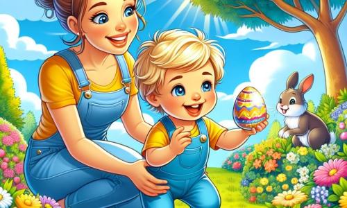 Een jongetje van 1 jaar, met blond haar en sprankelende ogen, zit in een zonnige tuin. Hij draagt een blauwe overall en een gele t-shirt, en houdt een glanzend paasei in zijn kleine handen, met een grote glimlach op zijn gezicht. Naast hem is zijn moeder, een vrouw van in de dertig, met bruin haar in een knot en een warme glimlach. Ze knielt en helpt haar zoon andere eieren in de kleurrijke tuin te zoeken. De tuin is gevuld met felgekleurde bloemen, met een grote boom in het midden, waaronder paaseieren verstopt zijn. De lucht is blauw met enkele donzige witte wolken. De hoofdscène toont het jongetje en zijn moeder die paaseieren zoeken, omringd door gelach en vreugde, terwijl een nieuwsgierig konijntje hen vanuit een bloeiende struik observeert.