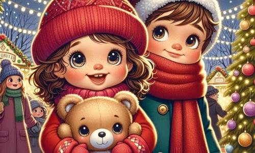 A 5-year-old girl with curly hair and sparkling eyes wears a bright red coat and a wool hat. She has a big smile on her face, holding a large teddy bear in her arms while looking for her parents in the crowd. Next to her, a 6-year-old boy with a red scarf and rosy cheeks from the cold curiously looks around. He holds a candy cane and is ready to help her in her quest. In the background, the Christmas market is lively, filled with colorful stalls decorated with twinkling lights, trees adorned with shiny ornaments, and cheerful people moving about sipping hot chocolate. The girl and the boy stand under a large illuminated Christmas tree, surrounded by festive decorations, as they search for Lily's parents in this magical and warm Christmas atmosphere.