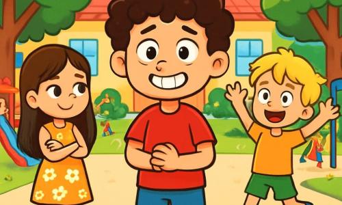 An 8-year-old boy, Max, with curly hair and a big smile, stands in the center of a sunny schoolyard. He wears a bright red t-shirt and blue shorts, his eyes sparkling with nervousness and excitement. Next to him is his best friend, Lily, an 8-year-old girl with long brown hair, wearing a floral dress and looking at him with an encouraging smile, arms crossed. Jack, an 8-year-old boy with messy blond hair, stands a bit back, arms raised, eager to see Max do a backflip. The schoolyard is surrounded by tall green trees, with colorful playground equipment in the background and children laughing and playing. Construction blocks are scattered on the ground, indicating a group activity. Max, a bit hesitant, is about to confess that he lied about being able to do a backflip, while his friends listen attentively, creating an atmosphere of tension and anticipation.