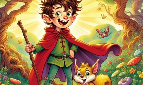 An 8-year-old boy, Max, with messy brown hair and a big amazed smile, wears a red cape made from an old curtain. He wields a wooden stick, imitating a heroic swordsman, with sparkling eyes full of excitement. Beside him is a small squirrel named Nibbles, with golden fur and mischievous eyes, standing on its hind legs, gesturing enthusiastically. The setting is an enchanted clearing, surrounded by twisted trees and colorful flowers that seem to dance in a light breeze. Sun rays break through the foliage, illuminating the scene with a golden light. The main situation shows Max and Nibbles facing a mischievous little goblin, juggling royal socks with a sly grin on his face. The goblin, with green skin and large pointed ears, stands behind a bush, ready to challenge Max with a riddle.