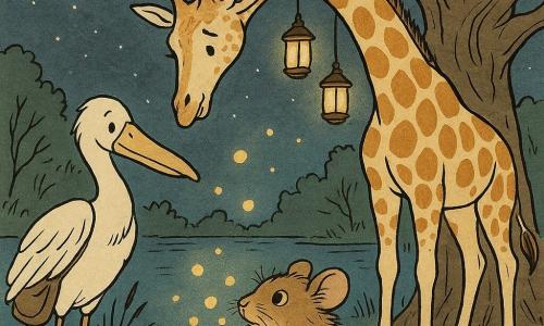 O girafă înaltă și zveltă, cu pete ca razele soarelui și gât foarte lung curbat înainte, față blândă și ochi expresivi, atinge ușor cu buza un mic borcan de sticlă; un pelican cu pene albe, sacou în bandulieră plin cu obiecte, stă pe malul din stânga privind cu blândețe; un șoricei pufos cu ochi chihlimbarii ține un borcan deschis din care ies luminițe rotunde, ghemuit la poalele unui stejar bătrân. Locul: o insulă ierboasă lângă un iaz liniștit, stufuri subțiri, un stejar noduros cu felinare agățate, cer înstelat cu o lună în semilună. Situația: girafa consolează șoriceiul care eliberează luminile; acestea se ridică în jurul personajelor creând un dans circular, atmosferă tandră și liniștită, compoziție centrată pe trio în jurul stejarului.