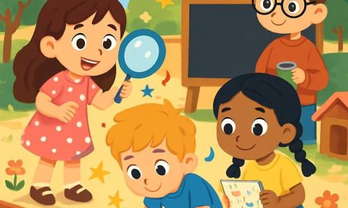 Há 4 crianças: - Lila: uma menina de 5 anos com longos cabelos castanhos, vestindo um vestido rosa com bolinhas brancas. Ela está em pé, segurando uma lupa de plástico, com um grande sorriso no rosto. - Tomé: um menino de 5 anos com cabelos loiros bagunçados, vestindo uma camiseta azul e um short verde. Ele está agachado, examinando o chão com curiosidade. - Sofia: uma menina de 5 anos com cabelos negros trançados, vestindo uma blusa amarela e uma calça jeans. Ela está sentada em uma caixinha, segurando um caderno de desenhos e observando atentamente seus amigos. - Miguel: um menino de 5 anos com cabelos castanhos e óculos redondos, vestindo um suéter vermelho. Ele está em pé, segurando uma lata de tinta e observando o quadro atrás dele. O local da cena principal é um pátio escolar ensolarado, com árvores verdes, flores coloridas e um grande quadro negro. Brinquedos estão espalhados pelo chão, e uma caixa de areia é visível ao lado de uma pequena cabana de madeira. O céu é azul com algumas nuvens brancas fofas. A situação principal da história mostra as quatro crianças resolvendo um mistério, examinando pistas no chão, com expressões de concentração em seus rostos. Elas estão cercadas por desenhos de pequenas estrelas e notas coloridas, simbolizando sua divertida investigação.