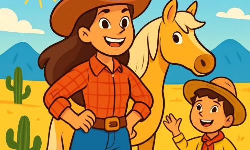 Uma cowgirl chamada Rosa Valente, uma jovem de cabelos longos e castanhos, usando um grande chapéu de cowboy e uma camisa xadrez vermelha, está orgulhosamente em uma colina. Seu rosto expressa determinação e alegria, com um sorriso radiante. Ao seu lado, sua fiel égua, Estrela, uma égua de pelagem dourada, observa o horizonte com curiosidade. Um garoto chamado Nando, com cerca de 10 anos, está um pouco afastado, usando um chapéu de palha e um grande sorriso. Ele segura uma corda em uma mão e observa Rosa com admiração. O cenário é uma vasta pradaria dourada, salpicada de cactos e flores silvestres, sob um céu azul brilhante, onde o sol brilha intensamente. Ao fundo, montanhas se desenham, criando uma paisagem majestosa. A cena principal mostra Rosa Valente, pronta para partir em uma aventura para buscar um médico, com uma expressão de coragem e excitação, enquanto Nando a incentiva com um gesto amigável.