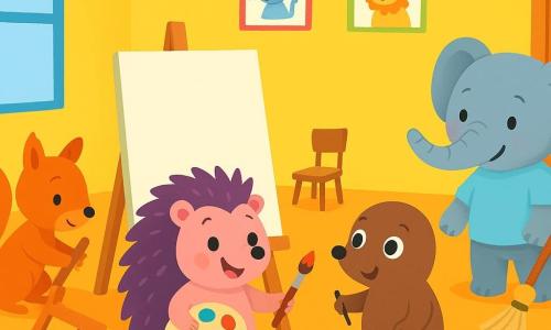 Lila, a little hedgehog with soft, shiny spines, is cheerful and determined, holding a colorful paint palette in her tiny paws. She stands in front of a large white canvas, ready to paint, with a big smile on her face. Next to her, Max, a small mole with round, curious eyes, is amazed, holding a brush in his paw and looking at Lila with admiration. Sam, an agile squirrel with a bushy tail and sparkling eyes, is arranging chairs around them, displaying a focused and joyful expression. Ellie, a gentle and friendly elephant, stands by the door with a broom in her trunk, smiling and ready to help. The setting is a bright classroom with vibrant yellow walls, sunlight streaming through the windows, and animal drawings hanging everywhere. Wooden tables are arranged around, and a large blackboard is filled with bright colors. The main scene shows Lila and her friends sharing ideas and helping each other paint together, illustrating gender equality and the joy of teamwork.